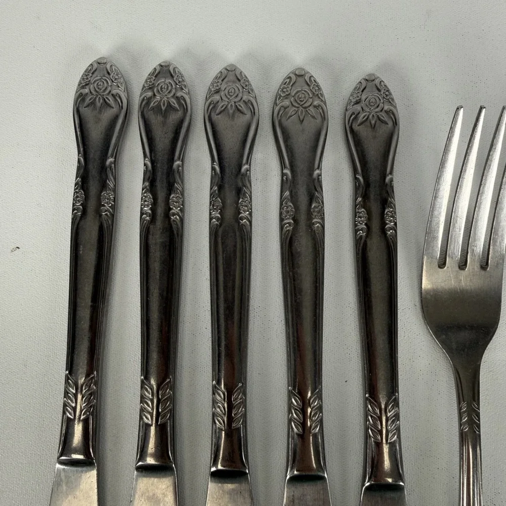 Vintage Golden Lifetime Cutlery Stainless Steel Floral Rose Set of 9 Flatware